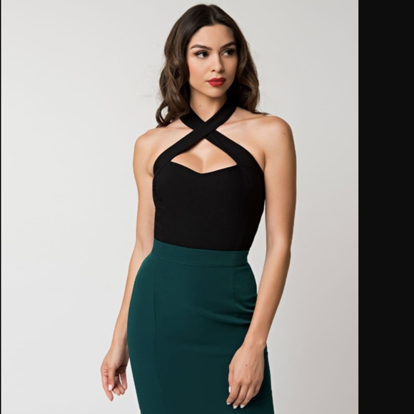 Unique Vintage Tops - Unique Vintage Rita Criss Cross Black Halter Top